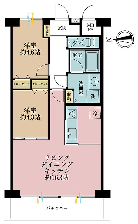 2LDK、専有面積60.28m2、バルコニー面積7.28m2