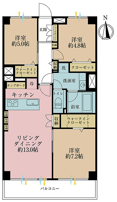 3LDK、専有面積68.38m2、バルコニー面積8.25m2