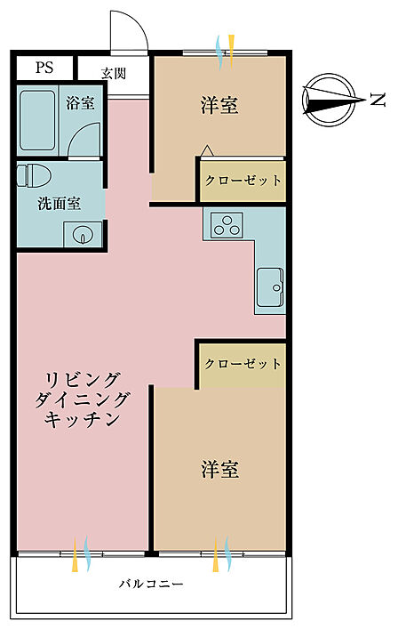 2LDK、専有面積57.09m2、バルコニー面積7.91m2