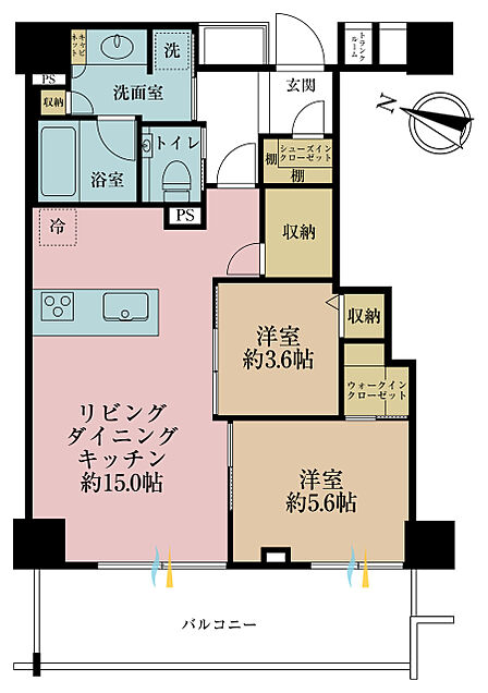 2LDK、専有面積60.96m2、バルコニー面積12.42m2