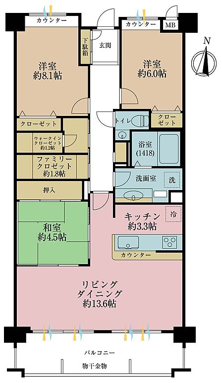 3LDK、専有面積84.1m2、バルコニー面積11.85m2
