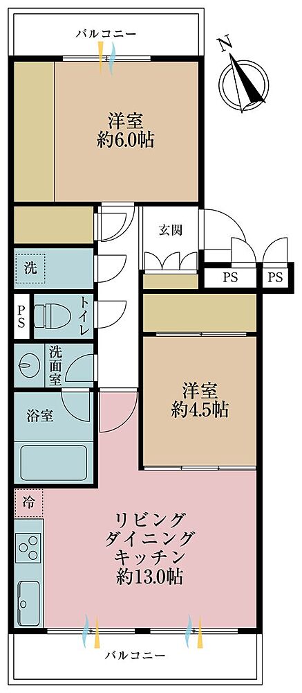 2LDK、専有面積52.75m2、バルコニー面積8.75m2