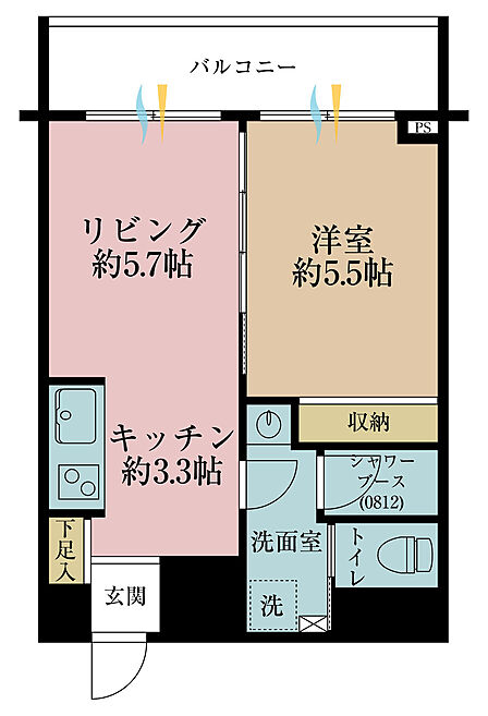 1LDK、専有面積33.1m2、バルコニー面積7.77m2