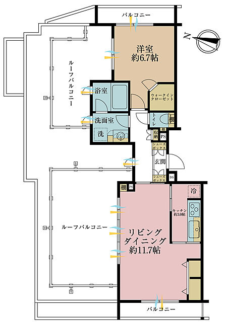 1LDK、専有面積51.21m2、バルコニー面積32.88m2
