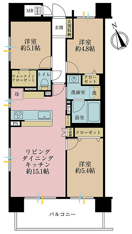 3LDK、専有面積67.2m2、バルコニー面積10.9m2