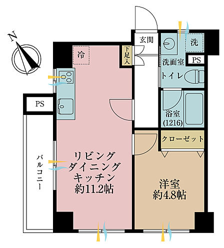 1LDK、専有面積38.45m2、バルコニー面積2.47m2