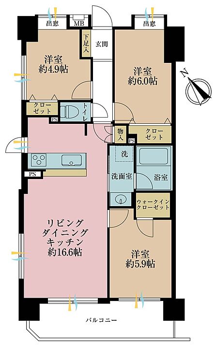 3LDK、専有面積71.38m2、バルコニー面積9.36m2