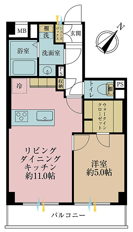1LDK、専有面積41.94m2、バルコニー面積5.5m2