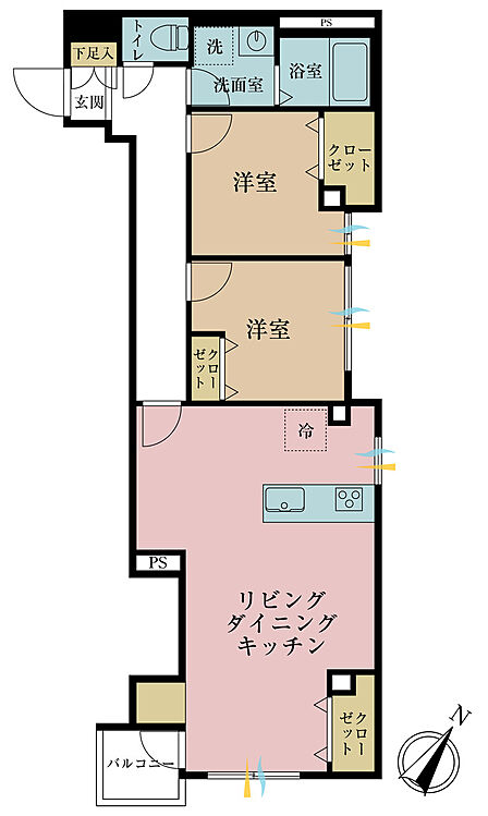 2LDK、専有面積61.17m2、バルコニー面積1.82m2