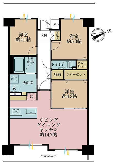 3LDK、専有面積66.05m2