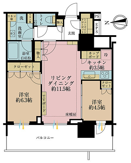 2LDK、専有面積62.56m2、バルコニー面積15.42m2