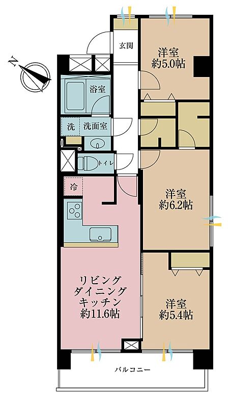 3LDK、専有面積65.95m2、バルコニー面積7.84m2