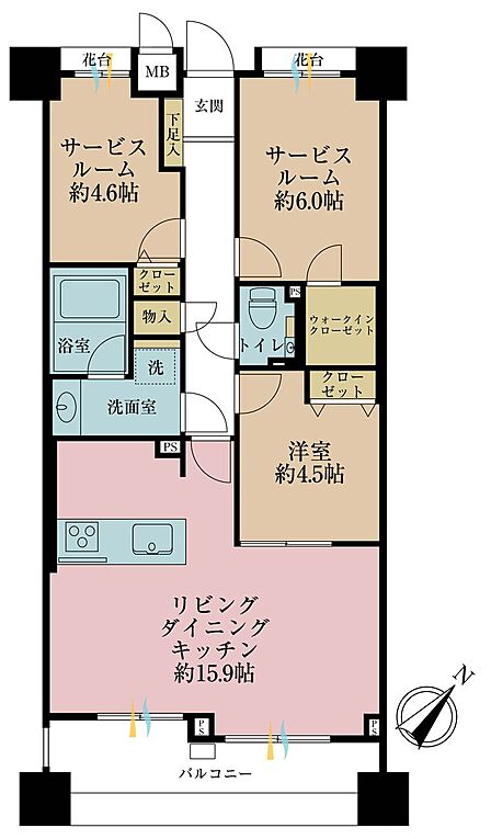 1LDK+2S(納戸)、専有面積70.51m2、バルコニー面積9.61m