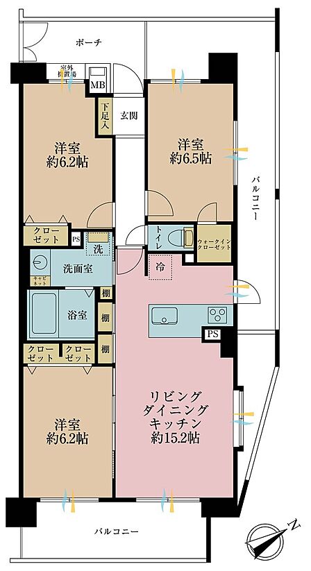 3LDK、専有面積74.36m2、バルコニー面積25m2