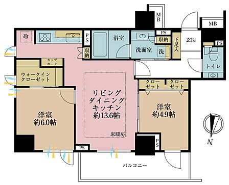 2LDK、専有面積60.71m2、バルコニー面積8.34m2