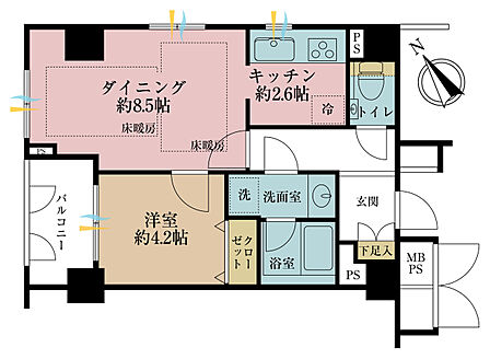 1DK、専有面積40.83m2、バルコニー面積3.99m2