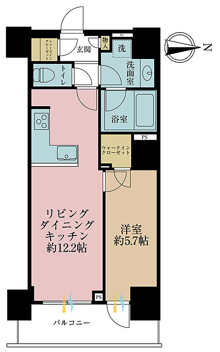 1LDK、専有面積44.62m2、バルコニー面積6.9m2