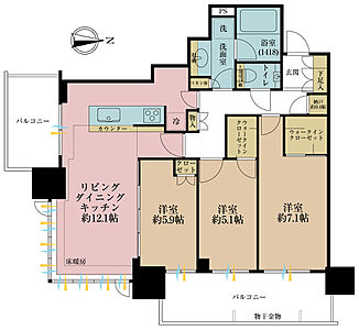 間取り:3LDK、専有面積75.94m2、バルコニー面積18.04m2 間取り:3LDK、専有面積75.94m2、バルコニー面積18.04m2