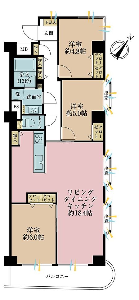 3LDK、専有面積77.5m2、バルコニー面積8.28m2