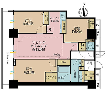 3LDK、専有面積80.82m2、バルコニー面積11.95m2