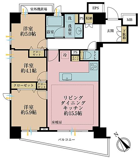 3LDK、専有面積70.34m2、バルコニー面積7.62m2
