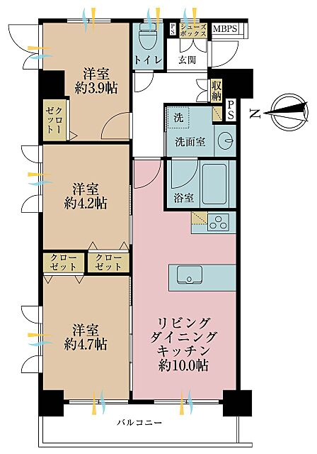 3LDK、専有面積58.07?、バルコニー面積6.6?