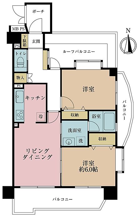2LDK、専有面積57.93m2、バルコニー面積13.17m2