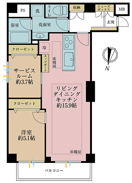 2LDK、専有面積59.97m2、バルコニー面積4.85m2