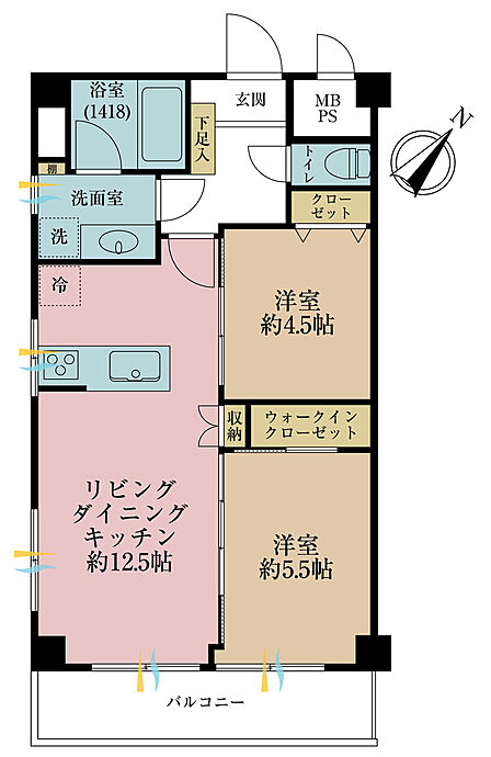 2LDK、専有面積52.8m2、バルコニー面積6.6m2