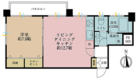 1LDK、専有面積44.94m2、バルコニー面積3.82m2
