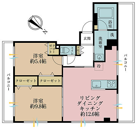 2LDK、専有面積58.6m2
