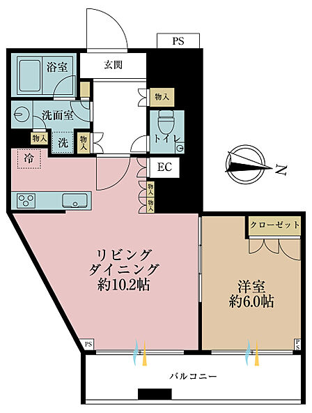 1LDK、専有面積47.79m2、バルコニー面積8.45m2