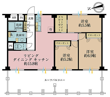 3LDK、専有面積74.8m2、バルコニー面積31.9m2