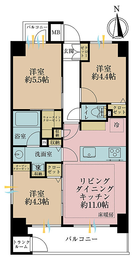 3LDK、専有面積58.26m2、バルコニー面積8.4m2