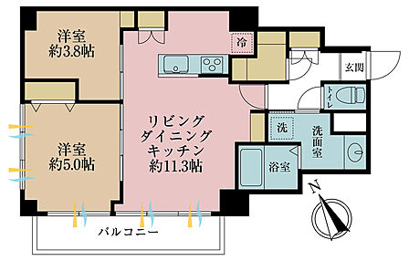 2LDK、専有面積61.84m2、バルコニー面積7.68m2