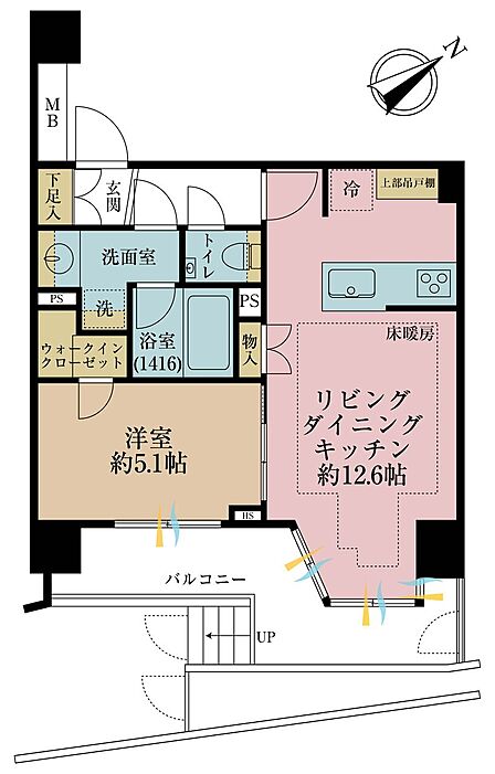 1LDK、専有面積42.15m2、バルコニー面積10.18m2