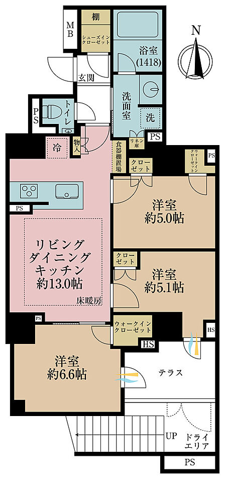 3LDK、専有面積68.07m2、バルコニー面積5.87m2