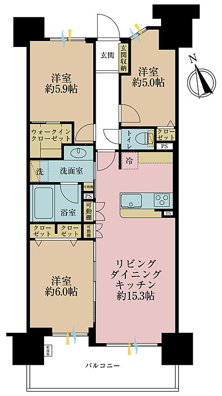 3LDK、専有面積72.15m2、バルコニー面積10.81m2