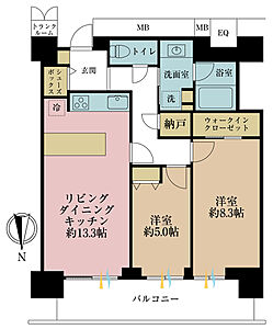 間取り:2LDK、専有面積68.42m2、バルコニー面積11.73m2 間取り:2LDK、専有面積68.42m2、バルコニー面積11.73m2