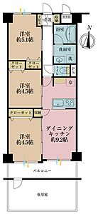 間取り：3DK、専有面積53.19m2、バルコニー面積5.67m2
