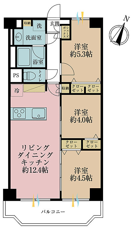 3LDK、専有面積57.75m2、バルコニー面積7.42m2