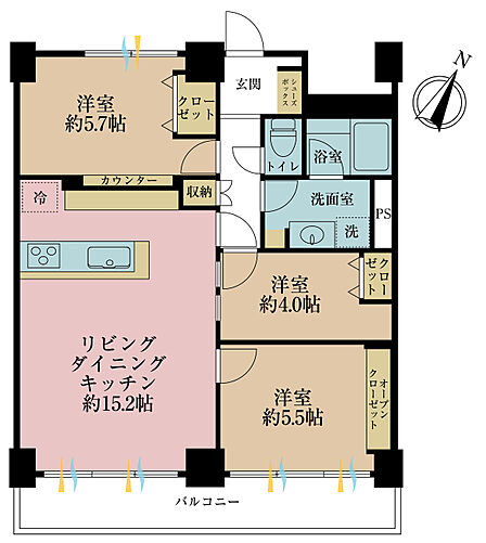 3LDK、専有面積68.24m2、バルコニー面積9.83m2