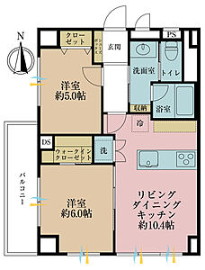 間取り：2LDK、専有面積49.82m2、バルコニー面積4.5m2