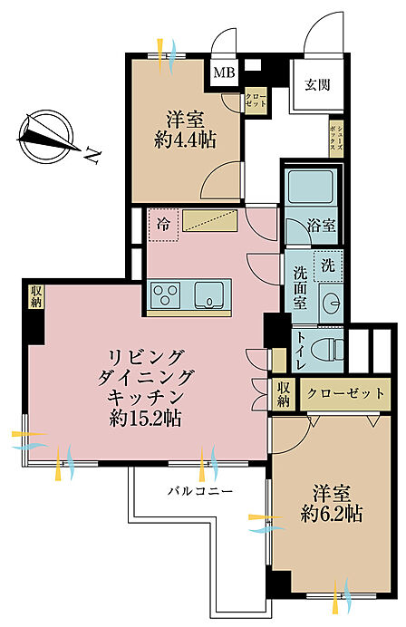 2LDK、専有面積57.71m2、バルコニー面積5.76m2