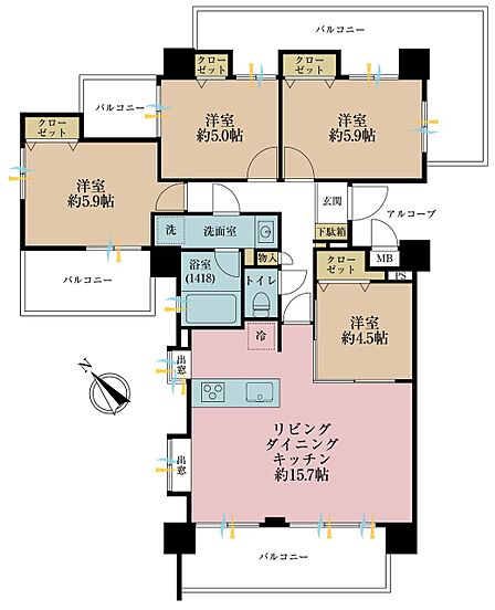 4LDK、専有面積80.34?、バルコニー面積32.96? 