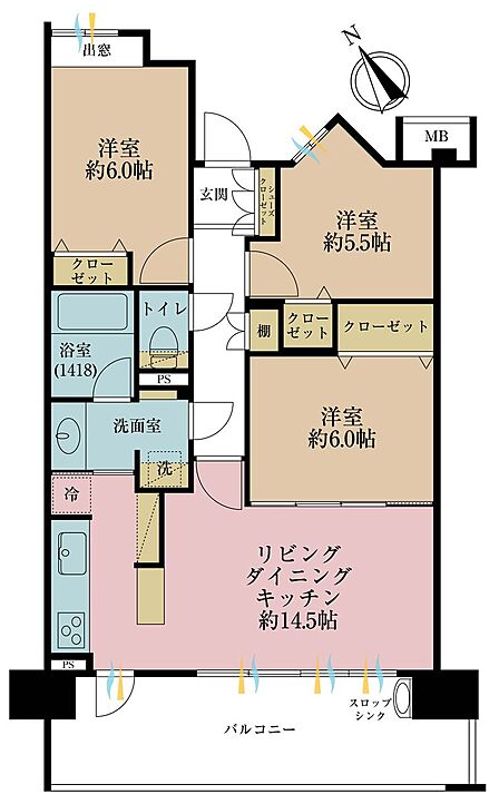 3LDK、専有面積71.65m2、バルコニー面積14.11m2
