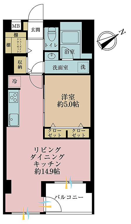 1LDK、専有面積49.14m2、バルコニー面積4.86m2