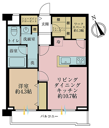 1LDK、専有面積41.14m2、バルコニー面積5.73m2