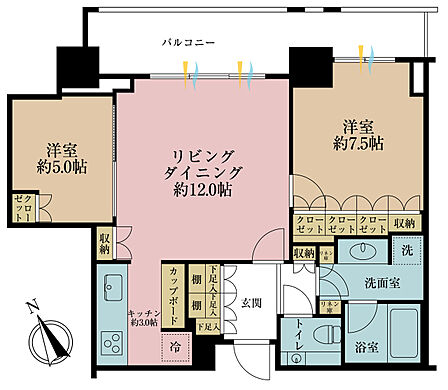 2LDK、専有面積64.58m2、バルコニー面積12.82m2