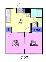 コーポラス真岡A 1階2DKの間取り
